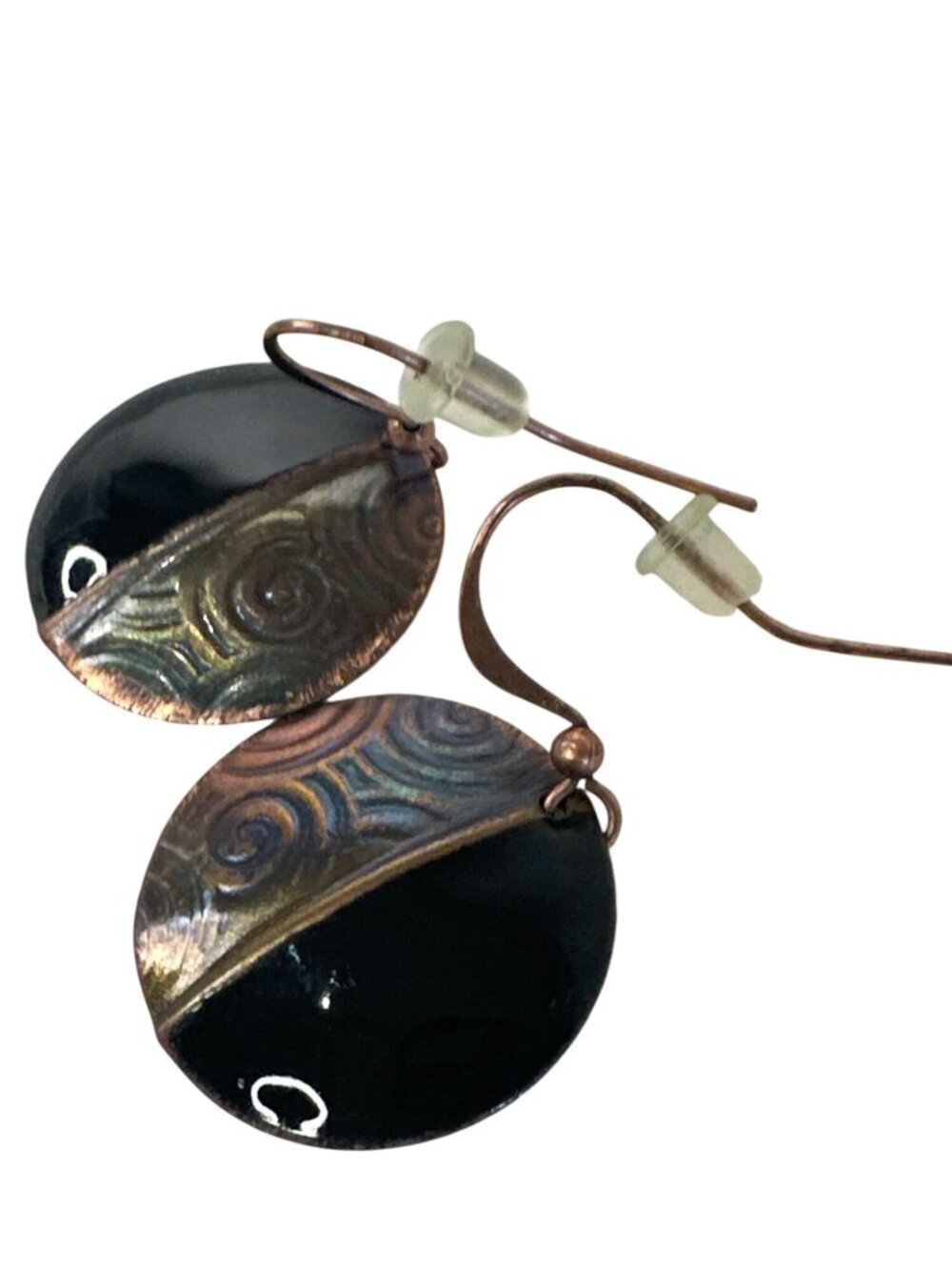 Earrings Dangle Disc Copper & Black Half-Moon Swirl Wearable Art Signed Boho